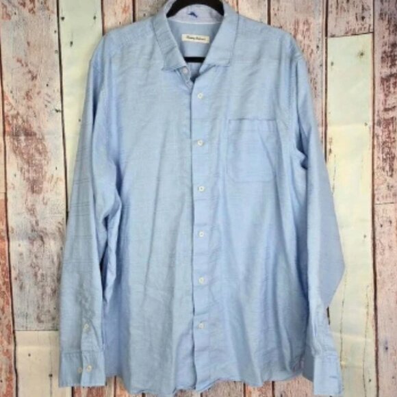 Tommy Bahama Men's Linen Blend XLT Blue Plaid Jacquard Long Sleeve Button Shirt - Picture 1 of 8